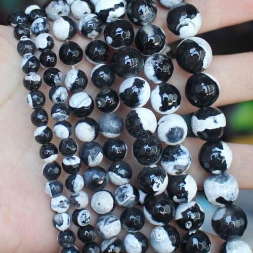 Faceted White Black Fire Agate 6-12mm Round Loose Beads 14inch ,Wholesale For DIY Jewellery Free Shipping