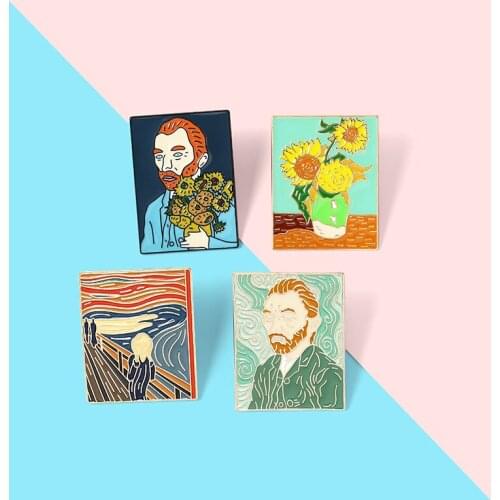 Oil Painting Enamel Pins Custom The Scream Sunflower Van Gogh Brooches Bag Clothes Lapel Pin Badge Art Jewelry Gift for Friends