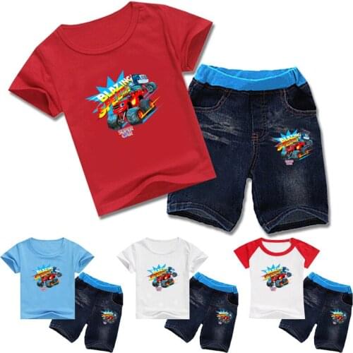 Summer Toddler Baby Boys Clothes Sets Cartoon Cars Children Girls Short Sleeve T Shirt + Jean Shorts Pants 2PCS Suit Kids Outfit