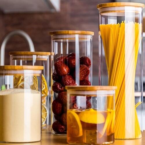 Food Storage Box Transparent Glass Wooden Sealed Lid Box Kitchen Coffee Beans Jars Sealed Cans With Cover Multi-capacity Home