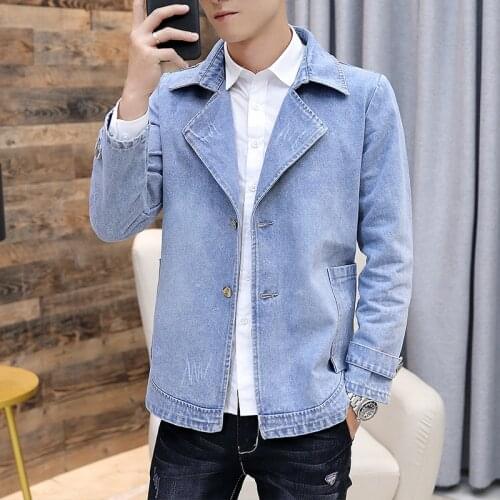 Fashion Mens Blue Denim Jacket Washed Denim Frayed Casual Coat Lapel Outwear With Pockets Size M-XXXL A10