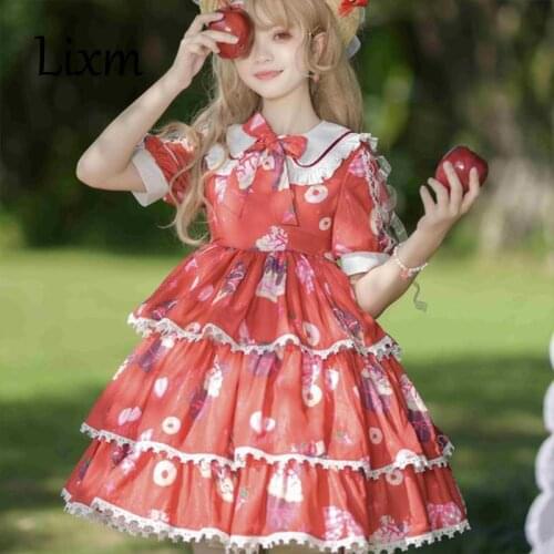 Sweet Lolita Dress Strawberry Donut Kawaii Japanese Tea Party Dress Cute Princess Kawaii Cake Dress Short Sleeve Op Dress