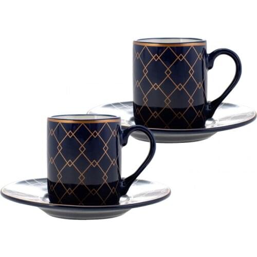 Jumbo Square Intersection Patterned Porcelain Turkish Coffee Cups Boxed Set with 2 Cups and 2 Saucers Tea Coffeeware Glass Mugs