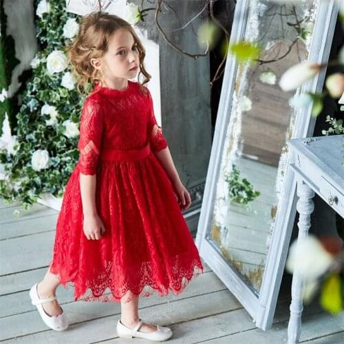 Autumn Lace Dress Flower Long Sleeve Kids Princess Dresses for Girls Embroidery Wedding Party Childrens Clothing Red Clothes