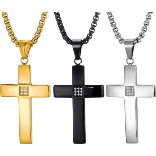 CZ Stone Set Stainless Steel Cross Pendants Necklace For Men Jewelry Drop Shipping