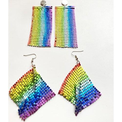 Rainbow Color Shining Exaggerated Dizzy Unique Nightclub Style Fashion Jewelry Statement Dangle Aluminum Mesh Earrings for Party