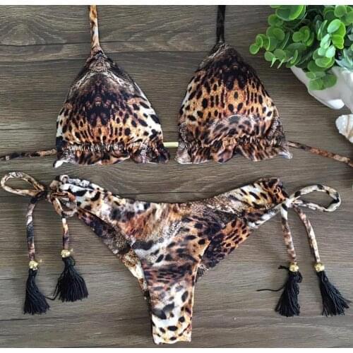 Sexy Ruffle Mulheres Tropical Folha de Impressão Bandagem Monokini Bikini Swimwear Swimsuit Maiô Beachwear