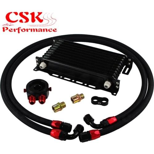 UNIVERSAL 10 ROW AN-10AN UNIVERSAL ENGINE TRANSMISSION OIL COOLER KIT 10 ROWS TRUST TYPE BLACK +FILTER ADAPTER ALUMINUM HOSE END