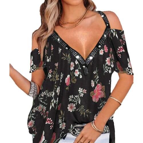 Women T-Shirts 2021 V-neck Off-shoulder Short Sleeve Floral Print T-shirt Tee Shirt Streetwear for Office