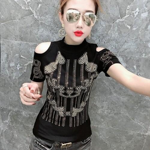 T-shirts female Rhinestone Off Shoulder summer fashion tops womens diamond tshirt tees Poleras De Mujer Moda XXXL t shirt