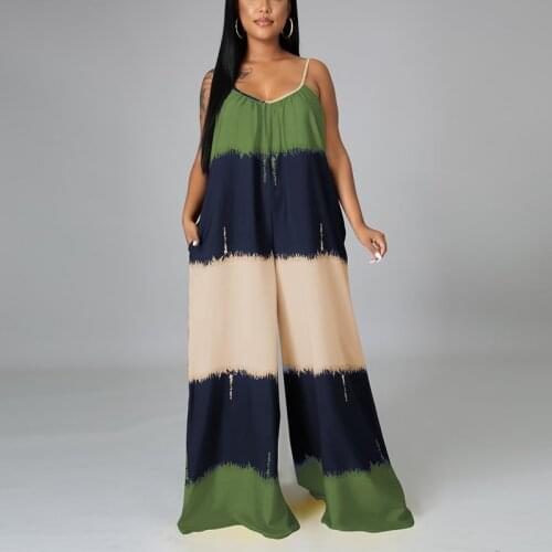Women Plus Size Spaghetti Strap Casual Loose Jumpsuit Summer Sleeveless Wide Leg Tie dye Jumpsuits