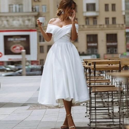 Bohemian Elegant Short Wedding Dress 2021 A-Line Boat Neck Off Shoulder Satin Mid-Calf Organza Simple Bride Gown Robe De Mariée