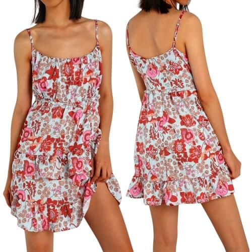 Womens Summer Dress , Floral Spaghetti Straps Sleeveless Layered Cropped Slip Dresses For Girls, Brown 2021 New Fashion