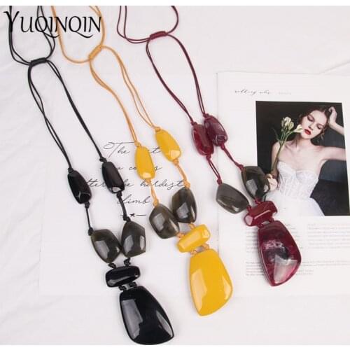 Ethnic Charm Large Pendant Necklace Acrylic Stone Custom Long Necklaces for Women Resin Rope Vintage Necklace Statement