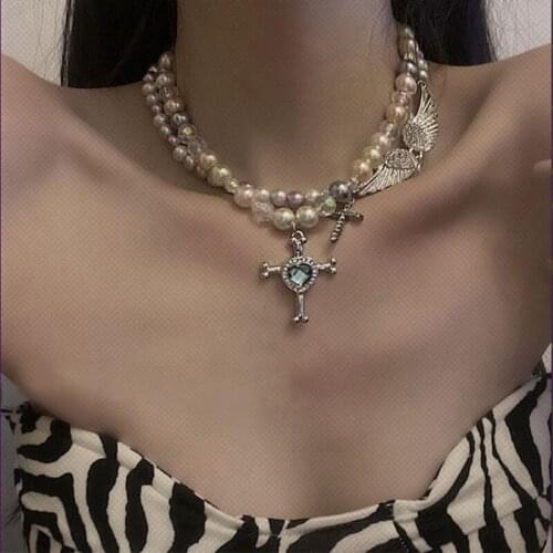 MONMOIRA Chic Crystal Pearl Necklaces Girls Y2K Harajuku Diamond Cross Pearl Chokers Female Angles Necklaces cwn0014-5