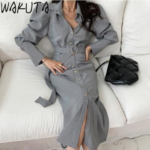 WAKUTA Vintage Plaid Long Dress Women 2021 Spring and Autumn Stylish Slim High Waist Puff Long Sleeve with Belt Dresses Femme