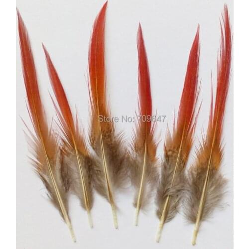 50Pcs/Lot!4-6inches 10-15cm long Red Tipped Golden Pheasant Feathers,Red Craft Feathers for Masks,Jewelry Making