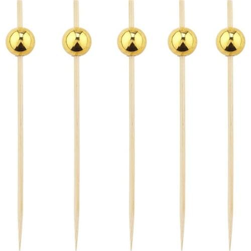 Free Shipping Party Suppliers Disposable Tableware, 120mm Cocktail Gold Ball Bamboo Pick/Skewer, 100/Pack