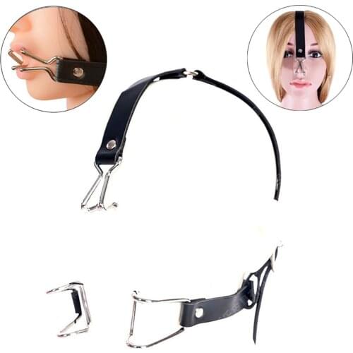 CamaTech BDSM Metal Nose Hook Open Mouth Gag Bondage Slave Oral Fixation Bite Gag with Nose Clip Leather Harness Straps Sex Toys