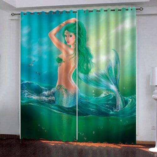 Decoration curtains Modern Home Decoration Blackout Green sea mermaid 3D Curtain stereoscopic lifelike
