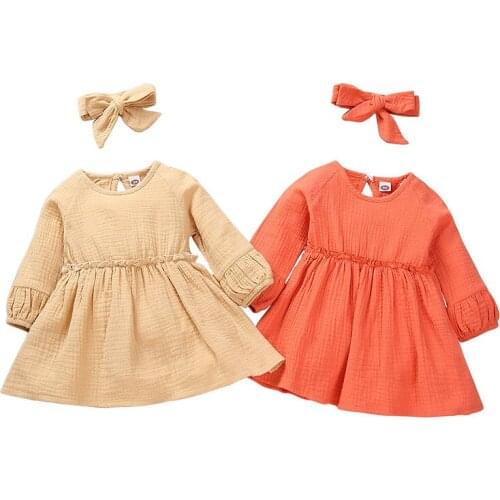 Baby Kids Spring Casual Dresses+Headband Children Girls Long Sleeve Solid Cotton Princess Clothes Dress for Girl Toddler 3-18M