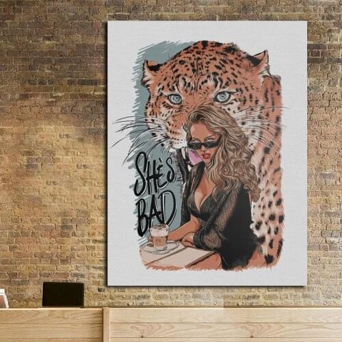 Home Decor Canves Painting Print Sexy Beauty And African Leopard Girly Wall Art Fashion Illustration Wall Art