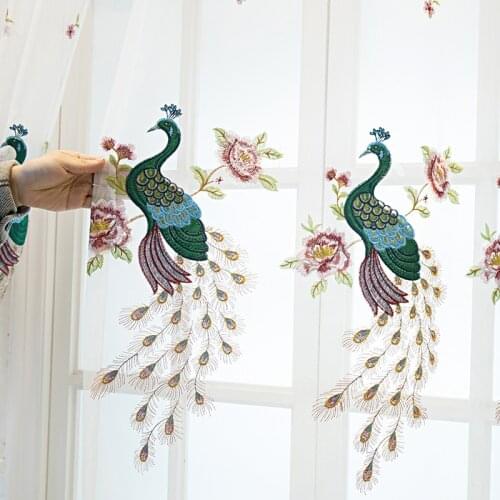 European-style Elegant Peacock Embroidery Tulle Curtain Luxury Floral Embroidery Sheer Curtain For Living Room Bedroom M043#4