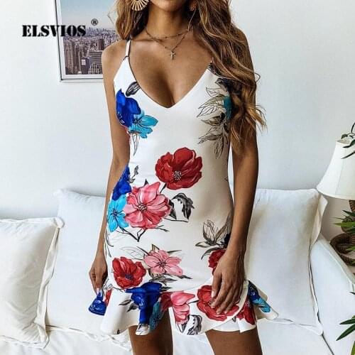 ELSVIOS Women Floral Print Strap Sexy Dress 2019 Off Shoulder V-neck Wrap Mini Party Dress Elegant Backless Summer Beach Dresses