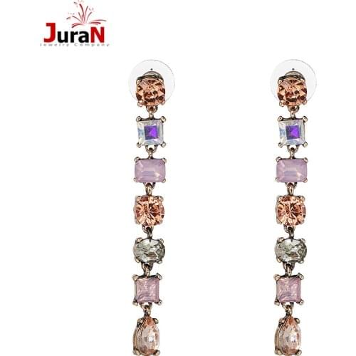 JURAN 2018 New Classic Stud Long Full Crystal Drop Earrings for Woman Pink Party Earrings High Quality 2 Colors Wholesale D3504