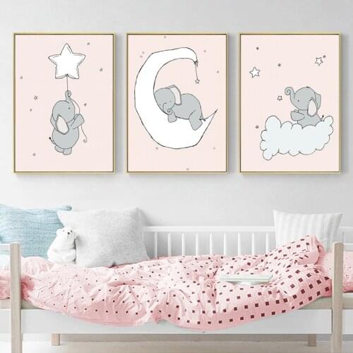 Baby Nursery Elephant Canvas Painting Animal Blue And Pink Wall Art Poster Print Nordic Kids Picture Boy Children Bedroom Decor
