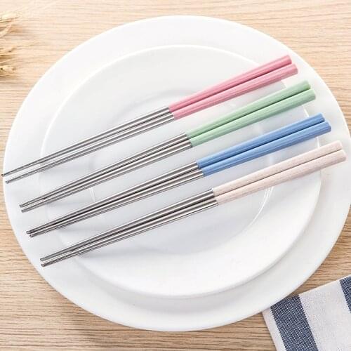 4Pair Stainless Steel Chinese Chopsticks with Wheat Straw Handle Reusable Non-Slip Chopsticks For Kids Picnic Sushi Hashi