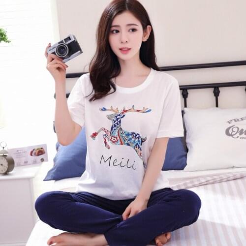 Korean Version Pajamas Female Summer Short-sleeved Long Trousers Sleepwear Cotton Thin Women Spring Sweet Home Clothes H5619
