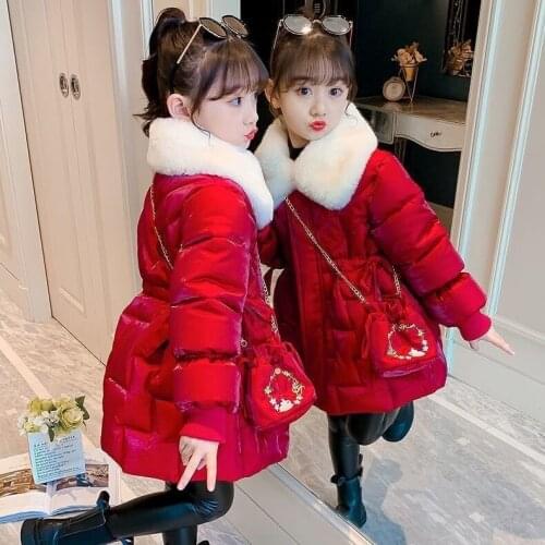 2021 Hot Red Girls Parka Coat Cotton-Padded Long Jackets For Girls Thicken Warm Detachable Cap Outerwear Christmas Parkas 4-14Y