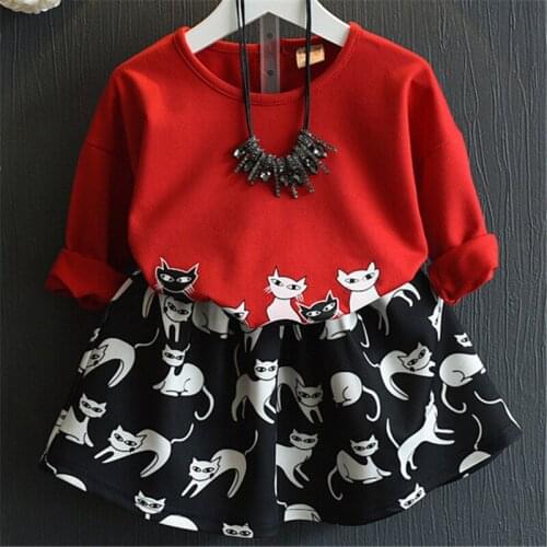 Cute Baby Girls Cartoon Cats Dress Fashion Girl Two Piece Clothing Sets Korean Children 2020 New Spring Kids Outfits Clothes