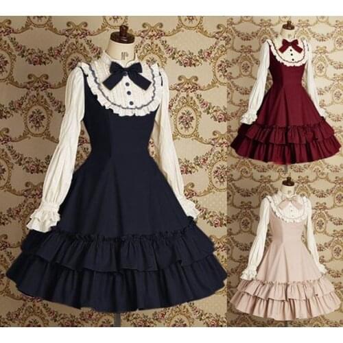 College style sweet lolita dress vintage bowknot satnd slim fake two pieces victorian dress kawaii girl gothic lolita op cosplay