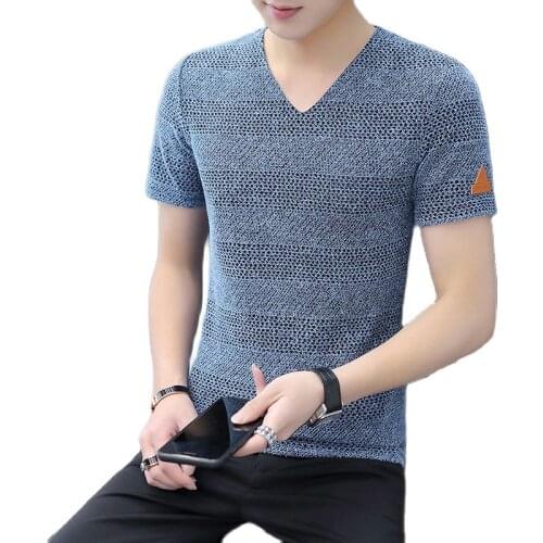 2021 Summer short-sleeved T-shirt mens sweater mens pullover Slim large size breathable hollow V-neck sweater blue