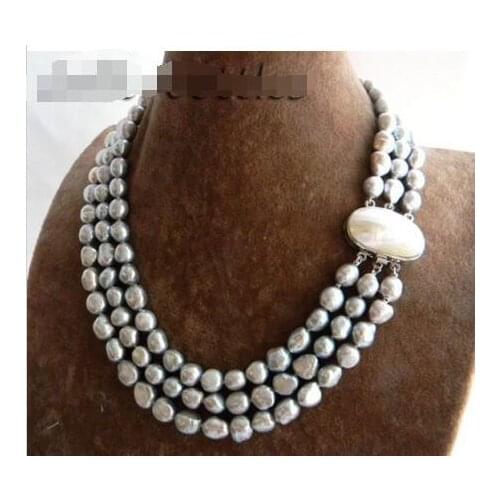 3Strands 18'' 9mm Gray Baroque Freshwater Pearl Necklace