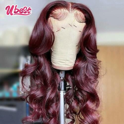 Ubest Transparent Lace Frontal Wig Rose Red Body Wave Lace Front Human Hair Wigs Peruvian Virgin Wavy Wigs Natural Hairline