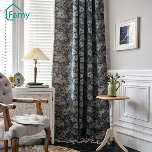 Half Blackout Curtains American Country Curtins for Bedroom Living Room Tassel Drapes Blue Floral Painting Window Curtain