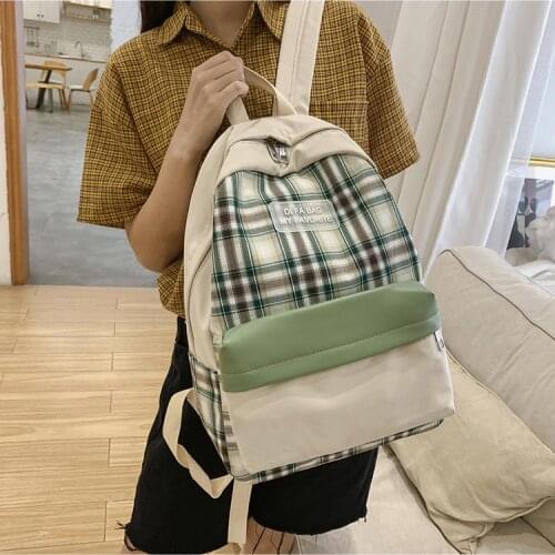 Casual Canvas Pu Splicing Women Backpack Cute Plaid School Bags for Teenager Girls High Quality Travel Back Pack Bag Purses New