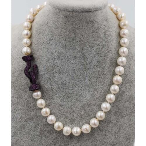 Freshwater pearl white near round 11-12mm big red clasp necklace 18inch FPPJ wholesale beads nature