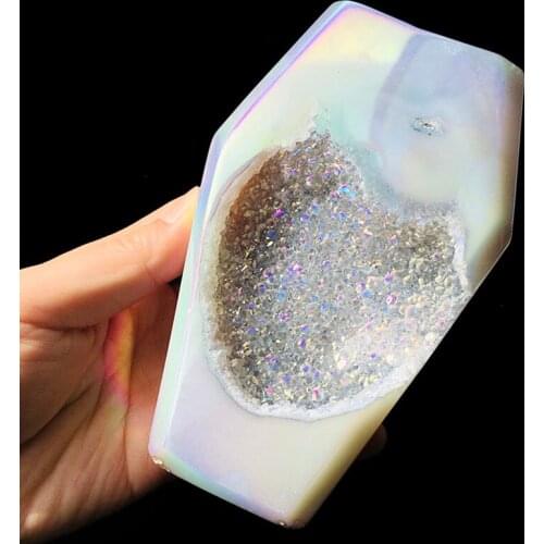 Angel Aura Natural Agate Coffin Carved Geode Crystal Stone Craft Figurine Healing Crystals Feng Shui Halloween Decoration Gift
