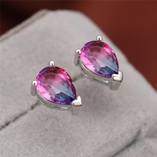 Rainbow Water Drop Stone Small Stud Earrings Cute Blue Purple Crystal Earrings Rose Gold Silver Color Wedding Earrings For Women