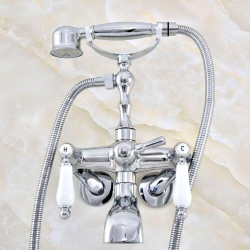 Silver Polished Chrome Brass Wall Mounted Claw Foot Bathroom Tub Faucet Mixer Tap With Handshower - Adjusts From 3-3/8" mqg421