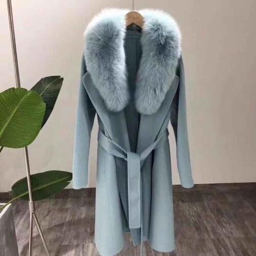 CX-G-T-19B Hot Sale Fashion Overcoat Fur Coats Wool Blender Women Coat with Big Fox Fur Collar
