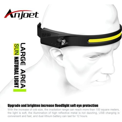 COB LED Headlamp Sensor Headlight with Built-in Battery Flashlight USB Rechargeable Head Lamp Torch 5 Lighting Modes Work Light