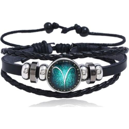 12 Constellation Luminous PU Leather Bracelet Hand-woven Beaded Retro Multi-layered Bracelet for Men Women Couples H9