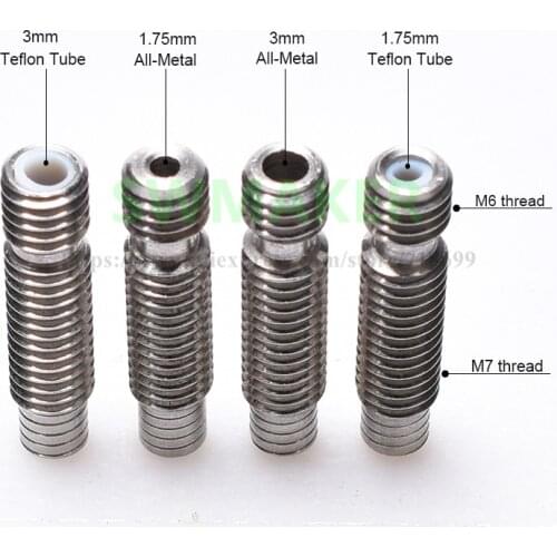 Titanium alloy/Stainless Steel V6 Heat Break Hotend Throat All Metal with ptfe Tube for 1.75/3.0mm V6 J-head 3D Printer