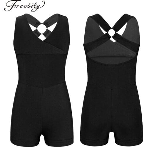 Girls Ballet Leotard Bodysuit Unitard Shorts Sleeveless V Neckline Cross Back Ballet Dance Gymnastics Leotard Jumpsuit