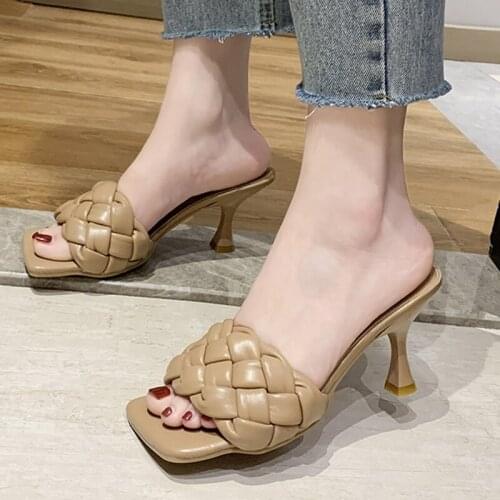 Fetish Pumps Luxury Slides Women 7cm High Heels Mules Individual Weave Leisure Blue Office Ladies Prom Slippers Womens Shoes